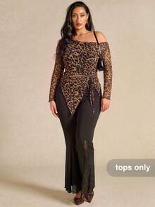 SHEIN BAE Plus Size Women's Leopard Print Asymmetrical Top Fall - Multicolor - View 3
