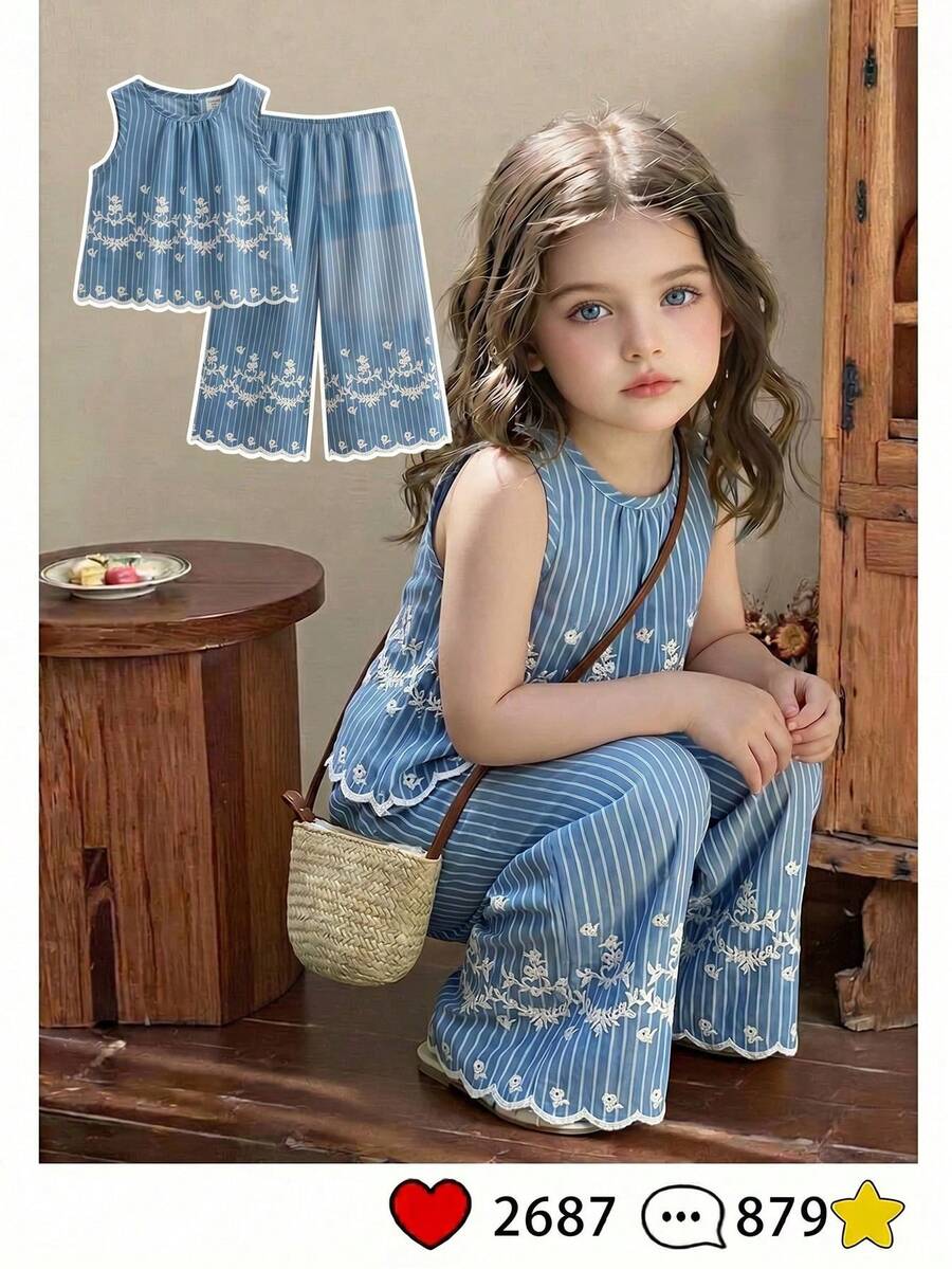 SHEIN Vintaside Kids 女童夏季黑白优雅竖条纹花卉刺绣无袖上衣和阔腿裤套装,适合日常外出、休闲旅行、校园穿着、派对和拍照。 - 藍色 - 查看 1