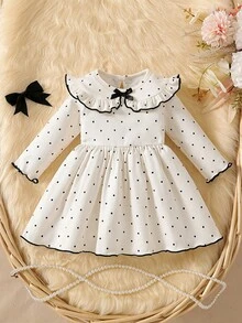 SHEIN Newborn Baby Girls A-Line Dress Sweet Elegant Beige Black Polka Dot Bow Ruffle Long Sleeve Ruffled Collar Birthday Party Fall Cozy Ballet Ribbed Knit - Apricot - View 6