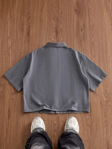 SWAVVY 男士極簡百搭單排扣短袖襯衫，適合日常穿著 - 深灰色 - 查看 3