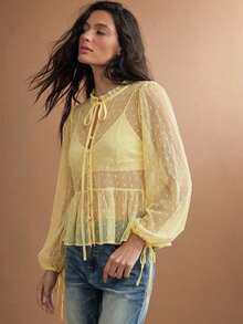 WESTFADE Sheer White Polka Dot Mesh Mock Neck Bow Tie Front Ruffle Peplum Long Sleeve Top For Women,Elegant Summer Tea Party Cute Fall Yellow Boho Blouse - Yellow - View 4
