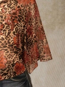 SHEIN ICON Plus Size Women's Leopard & Floral Print Asymmetrical Shoulder Asymmetrical Hem Mesh Top - Multicolor - View 4