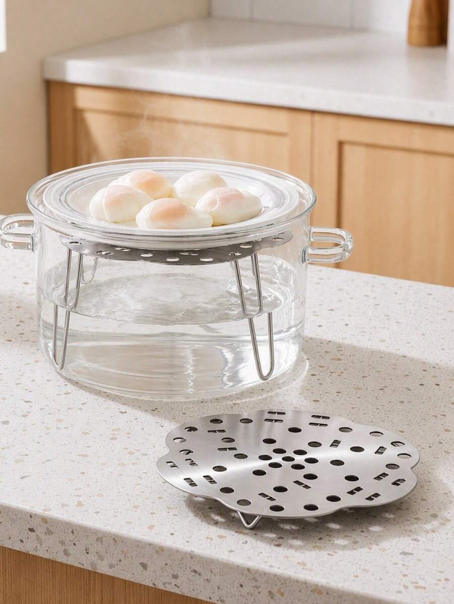 Haus Hana 1Pc Steel Steamer Rack With Handle, Multi-Purpose Round Steaming Tray Stand With Elevated Legs, Heat Resistant Food Steamer Insert For Pot, Pressure Cooker, Canning, Ideal For Vegetables, Seafood, Dumplings, Household Kitchen Cooking