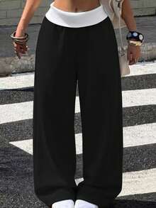 SHEIN Tween Girl Colorblock Casual Versatile Daily Wear Wide Leg Sweatpants - Black - View 3