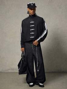 AXEPEAK Men's Street Fashion Frog Button Zipper Striped Long Sleeve Jacket - Black - View 3