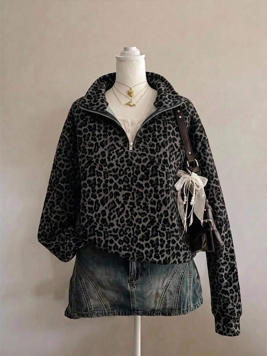 SHEIN EZwear 女款經典豹紋半拉鍊運動衫,灰色深藍色,休閒復古 70 年代街頭風,Y2K 復古,秋冬日常上衣 - 彩色 - 查看 1