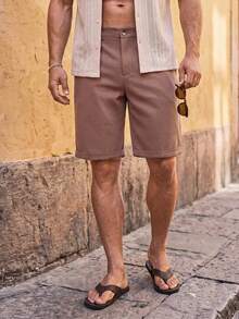 HIMLAND Men's Woven Solid Color Short Mid-Waist Slim Straight Leg Shorts, Bermuda Inseam, Suitable For Daily Wear, Spring And Summer - Brown - View 5