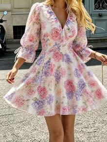 Cévolie French Romantic V-Neck Ruffle Ditsy Floral Dress - Pink - View 3