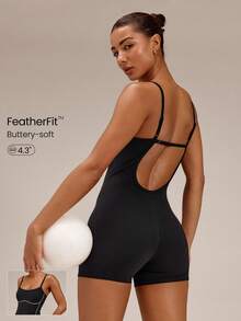 GLOWMODE 4.3" FeatherFit™ How Low Can You Go Two-Tone Low Back Bodysuit With Adjustable Straps & Removable Cups Yoga Pilates Studio Summer Wear - Black - View 1