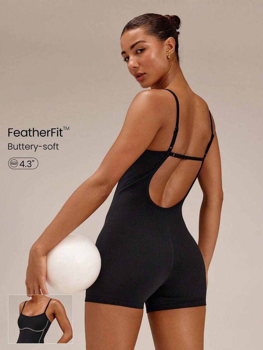 GLOWMODE 4.3" FeatherFit™ How Low Can You Go Two-Tone Low Back Bodysuit With Adjustable Straps & Removable Cups Yoga Pilates Studio Summer Wear - Black - View 1