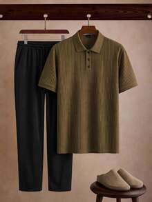 Core Aspect Men's Button Half-Placket Short Sleeve Ribbed Polo Shirt And Pocket Long Pants Set - Army Green - View 1