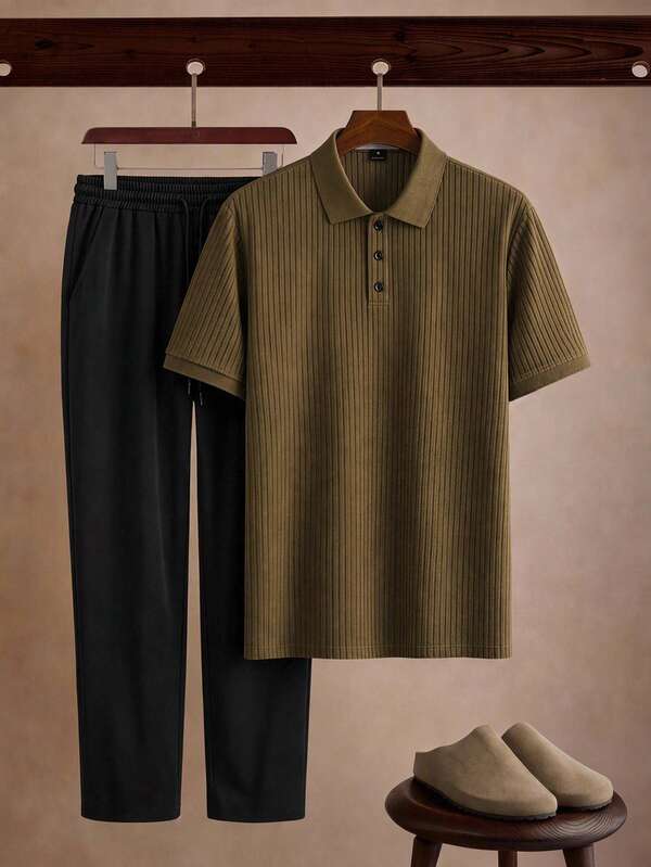 Manfinity CasualCool Conjunto de polo de manga corta con media abotonadura y pantalones largos con bolsillo para hombre
