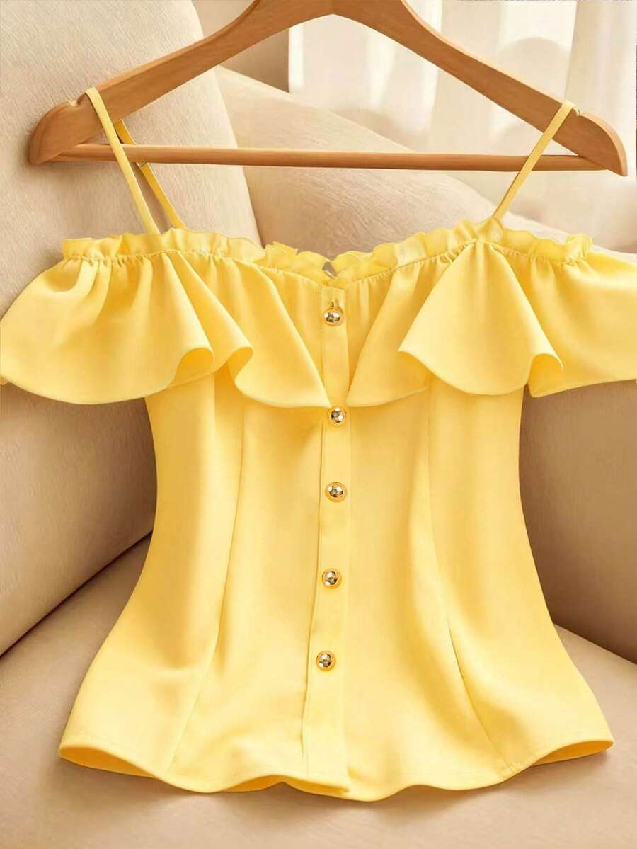 Resyla Plus Size Women Solid Color Ruffle Trim Off Shoulder Blouse - Yellow - View 1