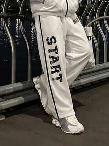 DAZY Spring/Autumn White Side-Seam Contrast Tape Letter Print Pants Elastic Waist Men's Jacket Set - White - View 7