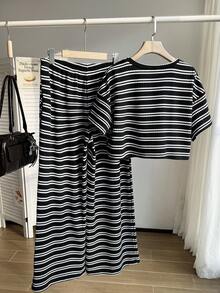 SHEIN EZwear 大码红色条纹T恤和裤子休闲两件套，夏季 - 黑色 - 查看 6