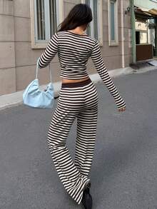 MainGRL 女款V領棕色條紋拼接長袖上衣與長褲休閒街頭風Y2K日常套裝，適合日常通勤秋季穿著 - 彩色 - 查看 6