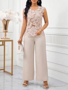 SHEIN Lady 女款刺繡鏤空法式上衣與休閒口袋寬鬆長褲兩件套 - 杏色 - 查看 5