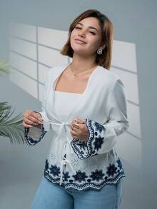 SARA VAULT 女士秋季法式V领刺绣图案系带前开衩喇叭袖长袖衬衫，适合日常穿着，秋季女装，外出上衣，可爱风，教师款，白色波西米亚风上衣，波西米亚风女式上衣，刺绣白色上衣，长袖波西米亚风上衣，秋季上衣，优雅女士衬衫，冬季休闲蓝色春季 - 藏蓝色 - 查看 5