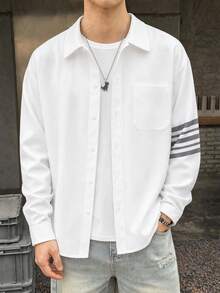 SHEIN Teen Boy Teen Boys Casual Striped Print Basic Collared Long-Sleeve Shirt Suitable For The Fall Back-To-School Season, Preppy Style, White - White - View 2