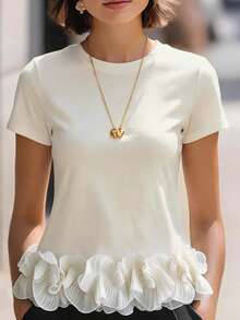 SHEIN Women's Elegant  White Short Sleeve Tee, Casual Crew Neck Top With Delicate Ruffle Hem, Versatile For Summer Outfits, Vacation And Daily Casual Wear - Apricot - View 2