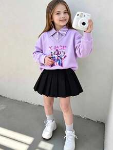 Elladie kids Girls 2 Piece Set Patterned Shirt Collar Long Sleeve Sweatshirt With Black Pleated Skirt Cute Lazy Sweet Minimalist Casual Versatile Outfit For Spring - Purple - View 8