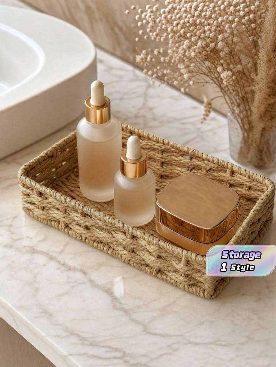 1Pc Handwoven Rectangular Storage Basket, Large Capacity Organizer Bin, Vanity Cosmetic Storage, Christmas Gift Basket - multicolor - View 1