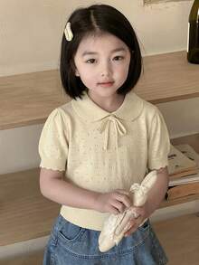 Dazy Kids Young Girl Plain Pleated Casual Versatile Everyday Knit Top - Apricot - View 1