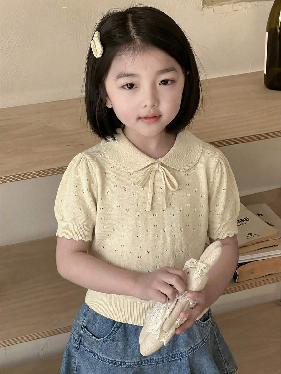 Dazy Kids Young Girl Plain Pleated Casual Versatile Everyday Knit Top - Apricot - View 1