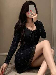 Dazy Tall Gaun Pendek Wanita Ukuran Besar dengan Leher Bulat, Lengan Panjang, Pita, Motif Penuh, dan Patchwork Renda, Cocok untuk Musim Gugur - Hitam - View 7