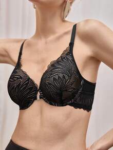 Bralution 1pc Sexy Lace Padded Front Closure Underwire Push Up Bra - Black - View 5
