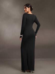 Cheriluna Maternity Maternity Solid Color Cutout Design Long Sleeve Summer Dress - Black - View 2