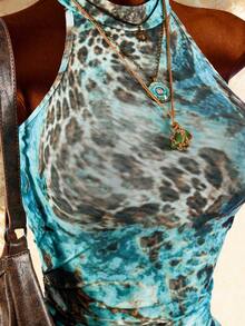 Amplova Women's Leopard Print Halter Neck Sexy Mini Dress With Ruffle Hem - Green - View 6