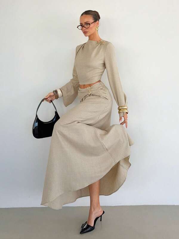 Siren Gaze Women's Solid Color Long Sleeve Top And Skirt Casual 2 Pieces Set