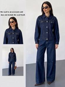 Firerie Women's Long Sleeve Single-Breasted Denim Jacket And Jeans Casual Set Fall/Winter - Blue - View 7