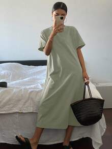Livesso 女士圆领短袖纯色简约时尚优雅连衣裙 - 綠色 - 查看 6