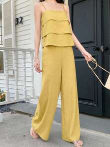 Livesso Women's 2 Pieces Summer Holiday Set With Yellow Ruffle Camisole Top And Casual Long Pants Thin Clothing - Yellow - View 3