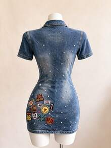 Lalippa Retro Badge Cross-Pattern Rhinestone-Embellished Printed Polo Dress Fitted Mini Club Dress - Multicolor - View 2