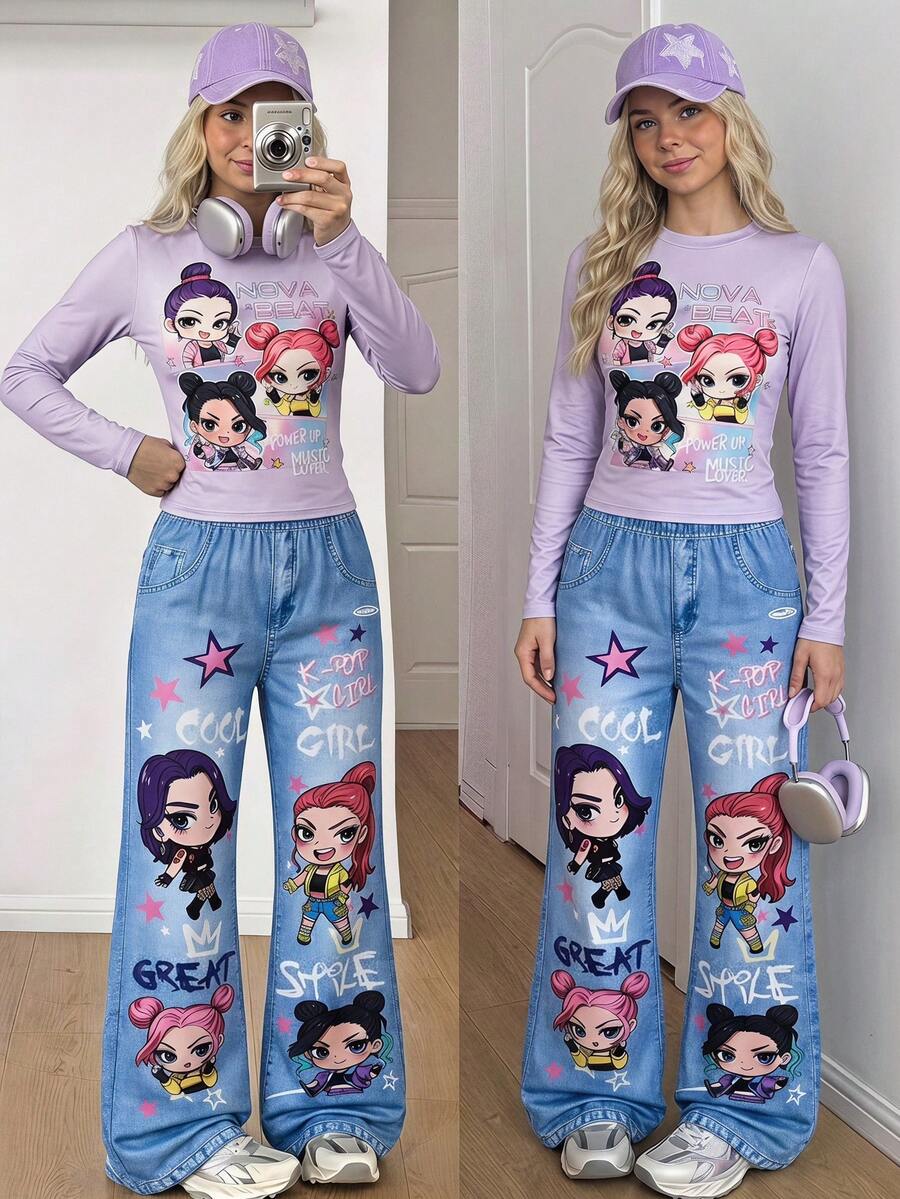 SHEIN 女童T恤套裝連帽衫秋季穿搭,淺芋紫色長袖上衣,Q版女團卡通印花,甜美柔軟,秋季款 - 彩色 - 查看 1