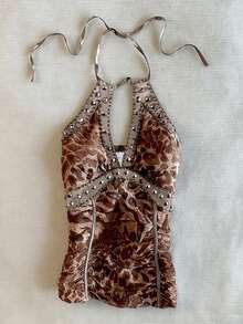 IslaSuriya Top de verano vintage con estampado de leopardo y cuello halter, top para mujer con decoración de strass y remaches de metal - Multicolor - Ver 1