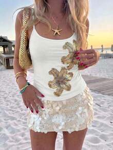Aloruh Women's New Daily Street Style Sexy Lace & Sequin Patchwork Camisole Tank Top - White - View 8