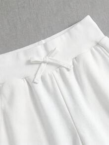 SHEIN 少女女孩秋冬保暖內裡加厚牛仔風花卉百合印花白色寬鬆寬腿直筒運動長褲 - 白色 - 查看 5