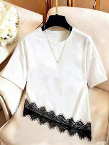 SHEIN LUNE Women's Lace Patchwork Round Neck Short Sleeve T-Shirt With Special Secondary Processing Floral Trim Brunch Black And White Summer Casual Elegant - Multicolor - View 1