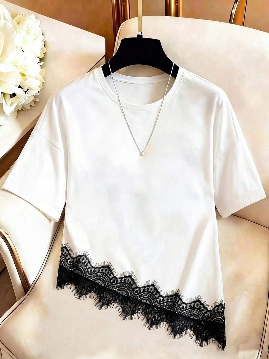 SHEIN LUNE Women's Lace Patchwork Round Neck Short Sleeve T-Shirt With Special Secondary Processing Floral Trim Brunch Black And White Summer Casual Elegant - Multicolor - View 1