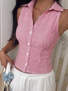 SHEIN EZwear 夏季條紋修身無袖女款襯衫 - 紅色 - 查看 1