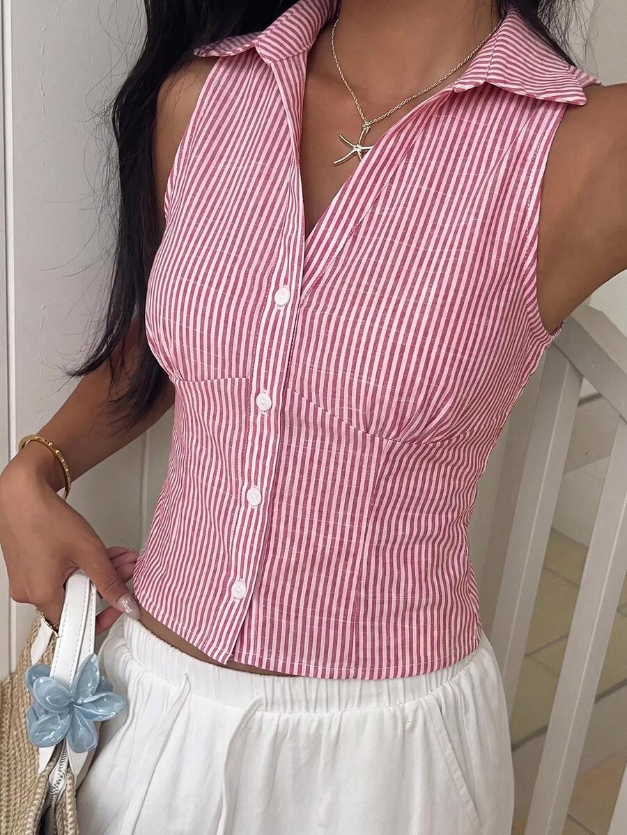 SHEIN EZwear 夏季條紋修身無袖女款襯衫 - 紅色 - 查看 1