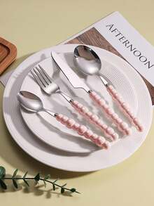 Set Peralatan Makan Stainless Steel 4 Buah dengan Hiasan Manik-Manik, Pisau, Aksesoris Dapur, Hadiah Natal, Perlengkapan Sekolah - Berwarna merah muda - View 3