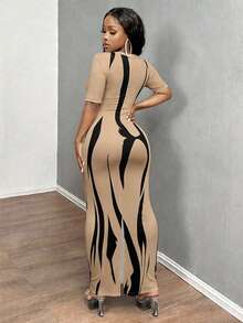 INAWLY Solva Women's Sexy Slim Fit Printed Short Sleeve Dress, Summer Night Out Beige - Khaki - View 2