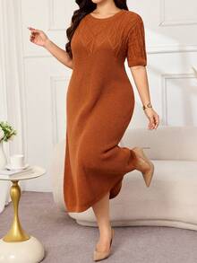 Lacomfia Plus Size Women's Simple Versatile Diamond Argyle Pattern Round Neck Short Sleeve Sweater Dress - Bronze - View 3