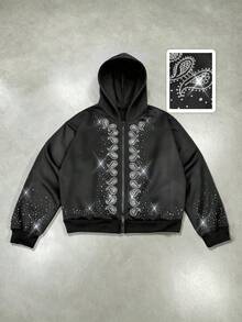 ROMWE MEN Street Life 男士時尚街頭風水鑽拉鍊長袖連帽衛衣 - 黑色 - 查看 7