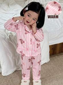 LMoss Kids Baby Girl Baby Girl Sweet Minimalist Bow Cartoon Bear Pattern Collared Button Long Sleeve Pants Comfortable Knit Pajama Set 2 Pieces - Multicolor - View 1